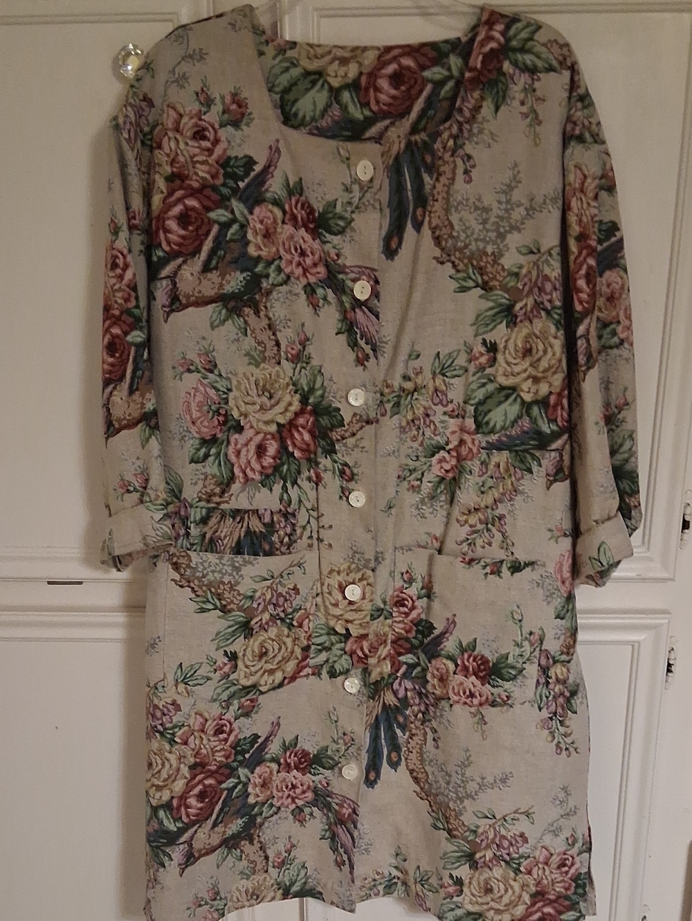 Floral Button-Front Blazer Jacket in Beige with Pink & Green
